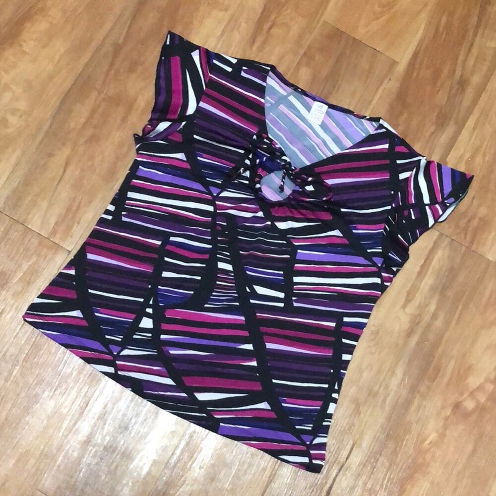 Bobbie Brooks Multicolored Short Sleeve Striped Blouse Size Large (12-14)